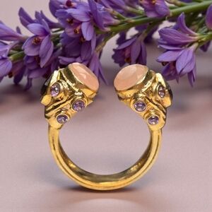 Chunky Etruscan 18k Gold Plated Rose Quartz Amethyst Ring